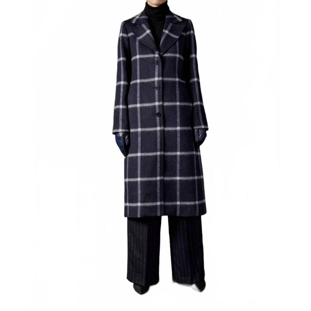 NEW TRIONA erin belted long coat in navy windowpane